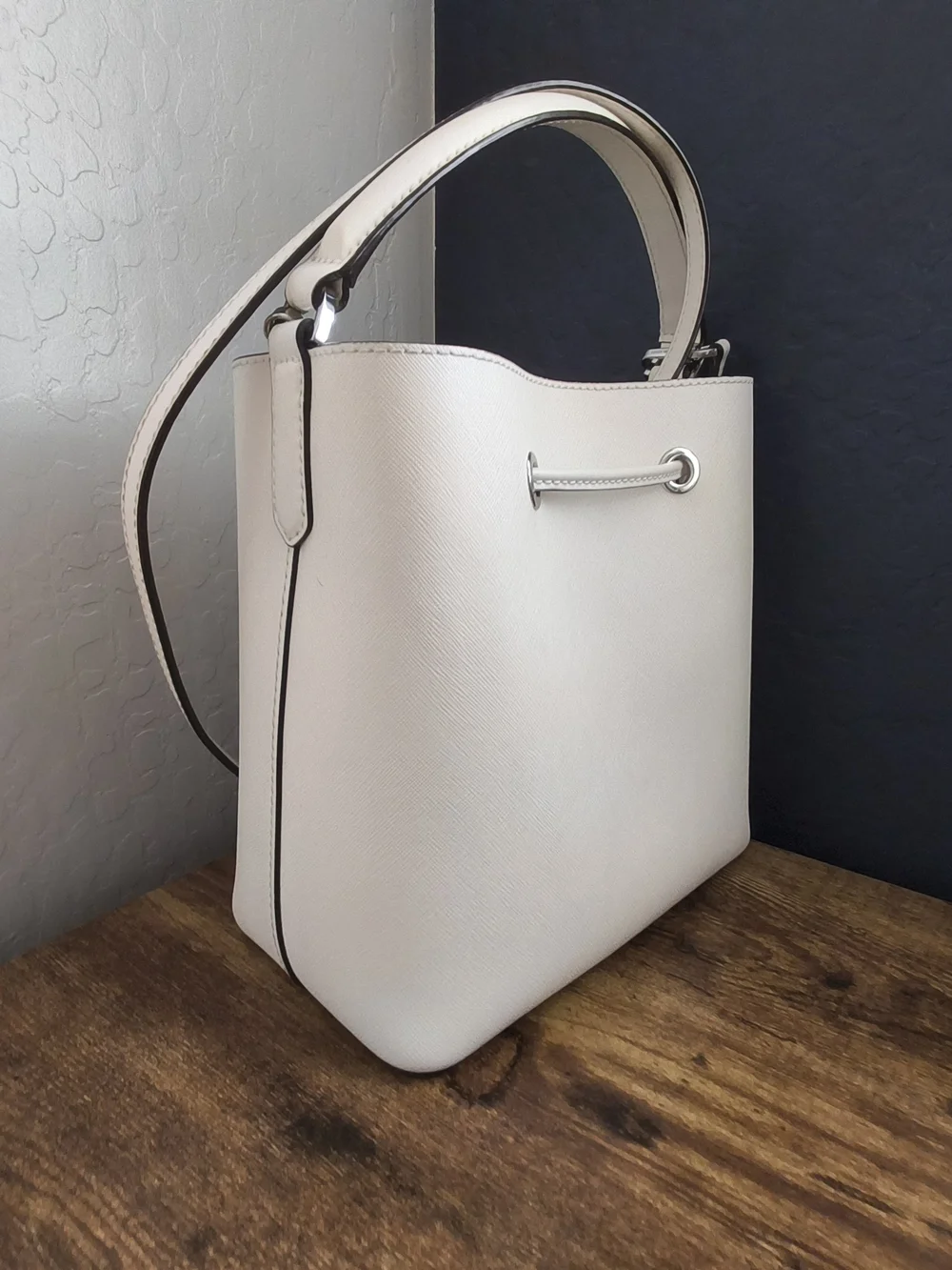 Michael Kors White Leather Drawstring Bucket Bag
